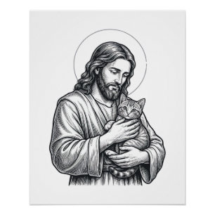 Póster Jesus Antigo Segurando Gato Gravura Gráfico_1