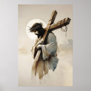 Poster Jesus Carregando a Cruz Aquarela Minimalista
