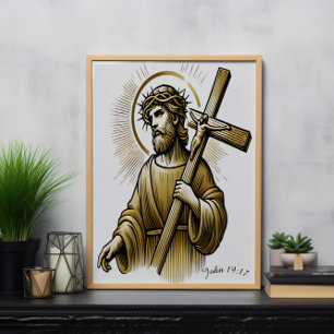 Poster Jesus Carregando Dourado Cruz com Graça
