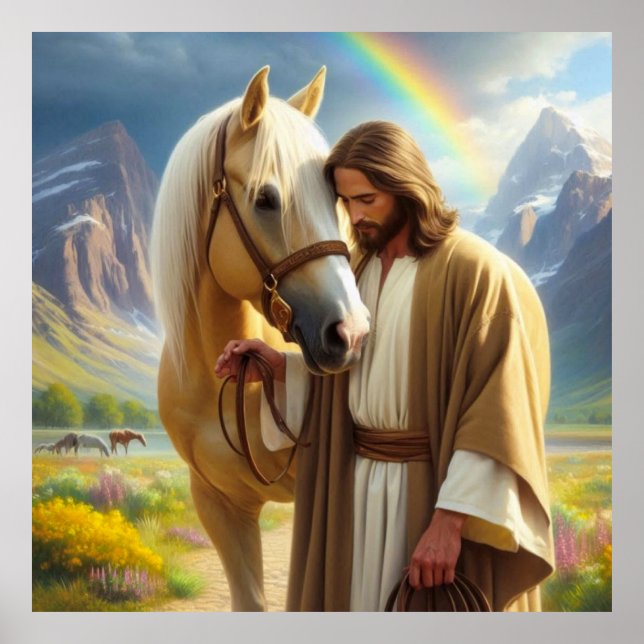Poster Jesus com Cavalo de Palomino na Paisagem Cênica (Frente)