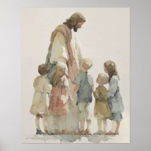 Poster Jesus com Crianças Aquarela