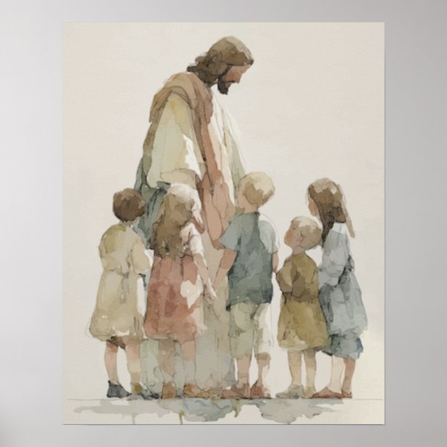 Poster Jesus com Crianças Aquarela (Frente)