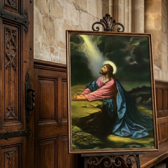 Póster Jesus Cristo Antigo Rezando, Jardim do Getsêmani (Vintage illustration religious design featuring Christ in the Garden of Gethsemane by Hofmann, 1886.)