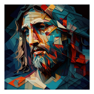 Póster Jesus Cristo em Formas Geométricas Verde Azul e Âm