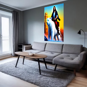 Poster Jesus Cristo montando um Urso Polar AI Art Poste