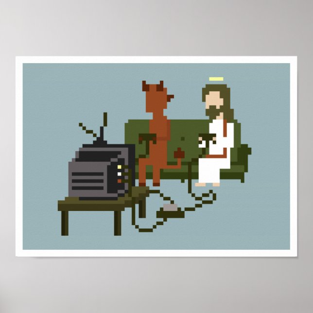 Poster Jesus e Diabos Tocam Video games Pixel Art (Frente)