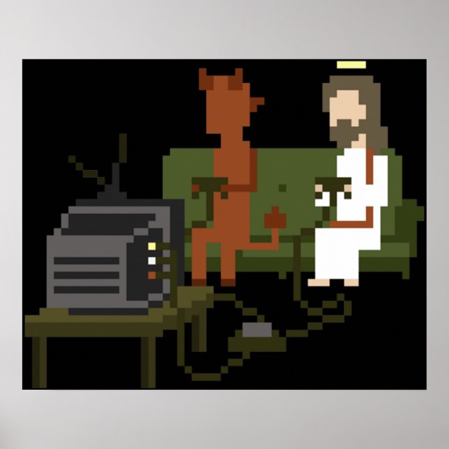 Poster Jesus E O Diabo Jogando Videos games Pixel Art (Frente)