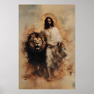 Poster Jesus E O Leão De Judá Aquarela Cristã