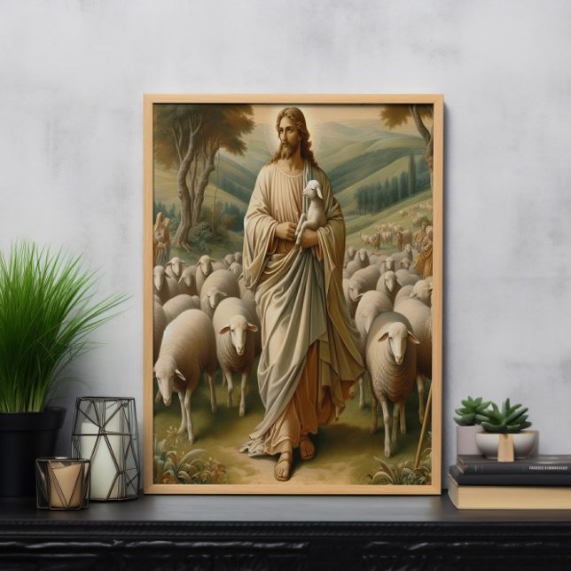 Poster Jesus Guiando Ovelhas Através de Pastagens Verdes (Criador carregado)