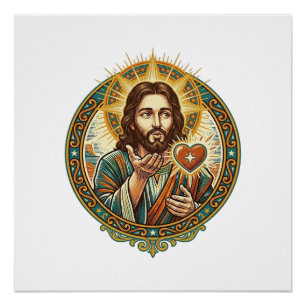 Póster Jesus Mandando Beijo Coração Vermelho Botão Curtir