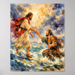 Poster Jesus Resgatando Pedro Cartaz de Arte Cristã