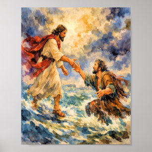 Poster Jesus Resgatando Pedro Cartaz de Arte Cristã