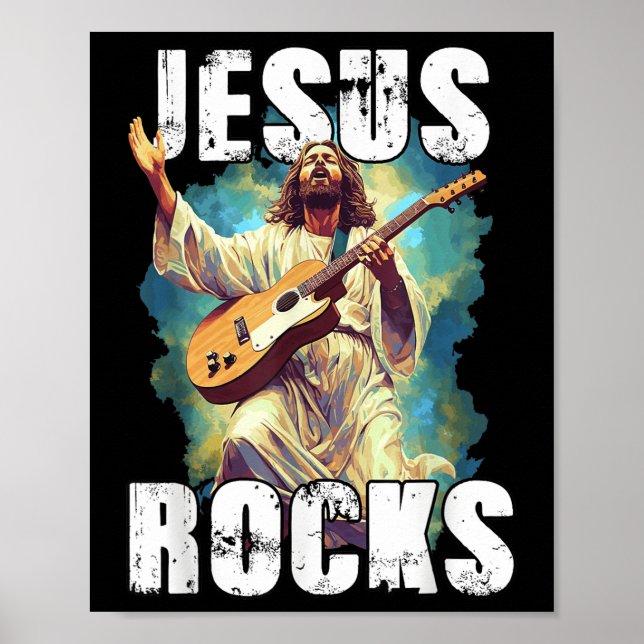 Poster Jesus Rocks Com Guitarra - Cristão Engraçado Rocks (Frente)