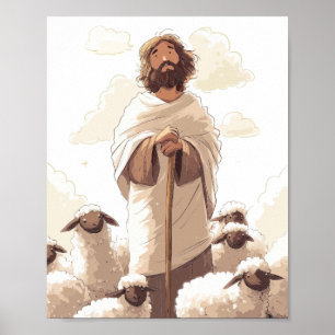 Poster Jesus segurando cajado de pastor cercado por corde