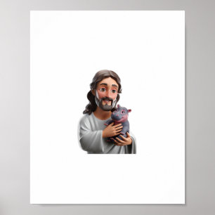 Poster Jesus Segurando Moo Deng_ Art Misturando Fé Símida