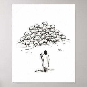 Poster Jesus segurando o Cordeiro Perdido entre o Rebanho