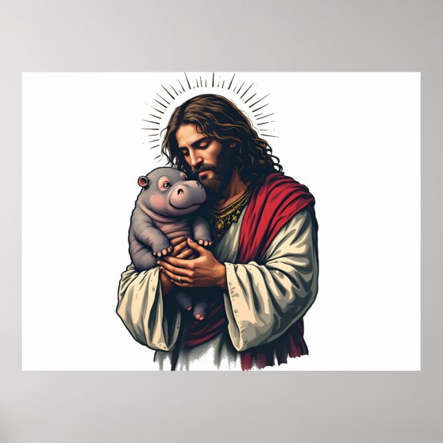 Poster Jesus segurando um bebê Moo Deng Hippo (Frente)