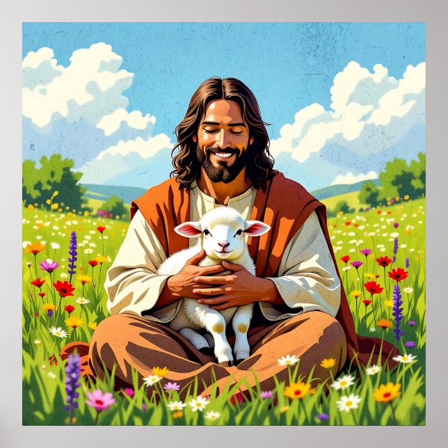 Poster Jesus segurando um Cordeiro | Páscoa Religiosa (Frente)