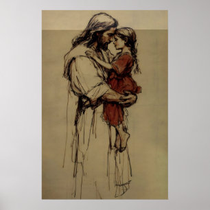 Poster Jesus Segurando uma Criança Esboço Cristão Minimal
