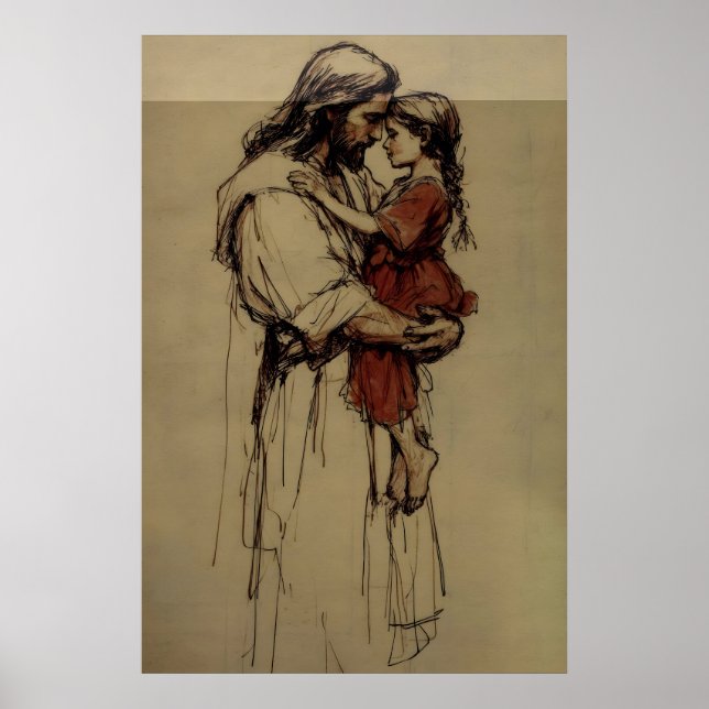 Poster Jesus Segurando uma Criança Esboço Cristão Minimal (Frente)
