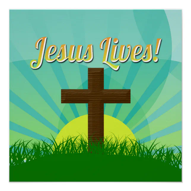 Póster Jesus vive cruz Páscoa-cristã azul/castanha