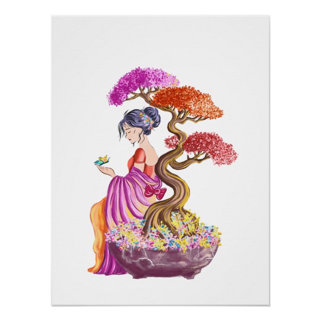 Póster Jeune fille et son arbre japonnais géant. (Frente)