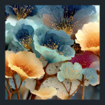 Poster Jewel-Toned Bioluminescent Floral Explosion<br><div class="desc">Oversized, translucent petals in deep navy, electric turquoise, aqua, peach, burnt orange, and rich magenta overlap in a radiant, almost glowing floral cluster. Fine veining, subtle cellular texture, and sparkling clusters of golden stamens create luminous depth and hypnotic movement across thin organic stems. The rich, saturated palette and dreamlike scale...</div>