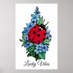 Poster Joaninha bonito da aguarela com as flores