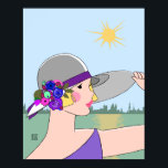 Poster Joanne - Art Deco Retrato em Púrpura e Azul<br><div class="desc">A adorável loira Joanne na beira-mar. Ela veste um vestido roxo e se posiciona contra um pano de fundo obscuro de água verde-marinha empoeirada, céu azul claro e prédios distantes em verde-senso macio. O chapéu de cinza dela é adorado com uma banda de roxo e flores em tons brilhantes de...</div>