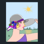 Poster Joanne - Art Deco Retrato em Púrpura e Azul<br><div class="desc">A adorável loira Joanne na beira-mar. Ela veste um vestido roxo e se posiciona contra um pano de fundo obscuro de água verde-marinha empoeirada, céu azul claro e prédios distantes em verde-senso macio. O chapéu de cinza dela é adorado com uma banda de roxo e flores em tons brilhantes de...</div>