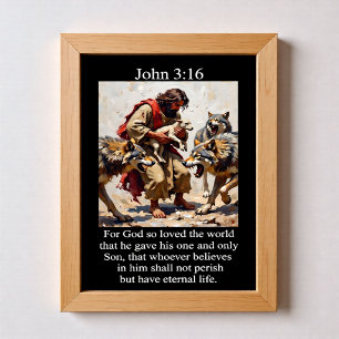 Poster João 3:16 Bom Pastor Entregando Cordeiro aos Lobos