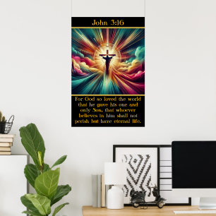 Poster João 3:16 Jesus em luz radiante e nuvens