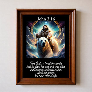 Poster João 3:16 Jesus Montado em Urso Polar Montanha Árt