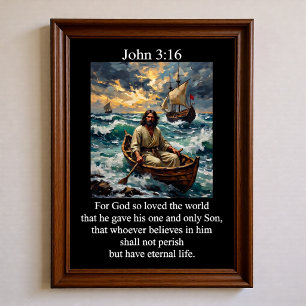 Poster João 3:16 Jesus Remando Barco de Madeira Mar Tempe