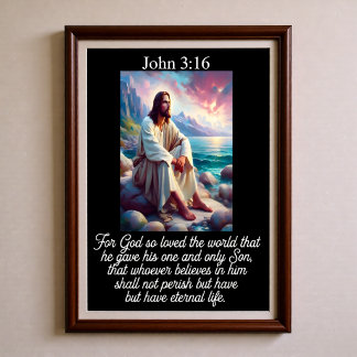 Poster João 3:16 Jesus Sentado Costa Rochosa Pôr do Sol O