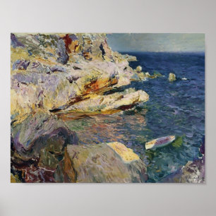 Póster Joaquín Sorolla- Rochas e barco branco, Javea