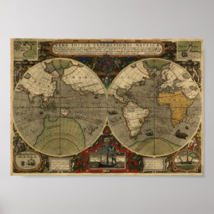 Poster Jodocus Hondius 1595 Mapa do Mundo