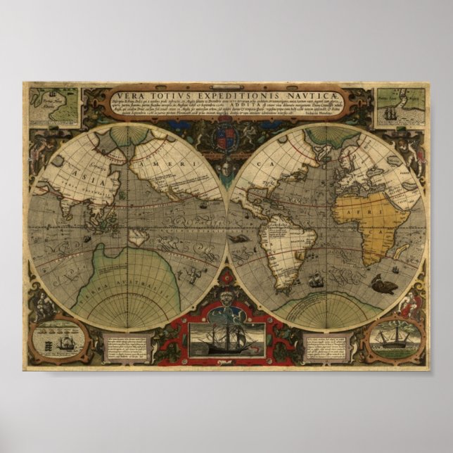 Poster Jodocus Hondius 1595 Mapa do Mundo (Frente)