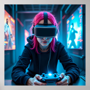 Poster "Jogador cibernético futurístico com AR Visor AI