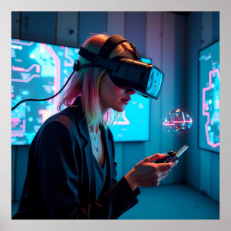 Poster "Jogador cibernético futurístico com AR Visor AI