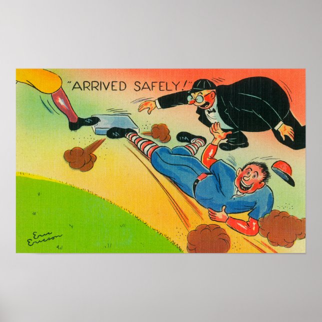 Poster Jogador de baseball deslizando para a base, chegan (Frente)