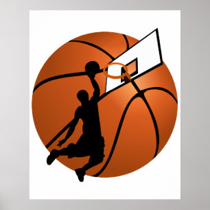 Póster Jogador de Basquete Slam Dunk com Hoop na Bola