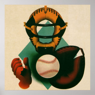 Póster Jogador de beisebol esportivo vintage, receptor co