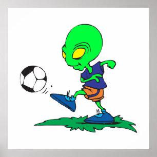 Póster jogador de futebol engraçado alienígena chutando