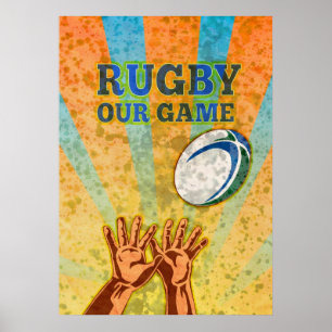 Póster jogador de rugby mãos pegando bola