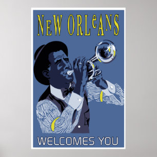 Póster Jogador de trombeta retro do jazz de Nova Orleães