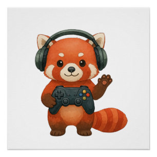 Póster Jogador Red Panda, Controladora de jogos e Fones d