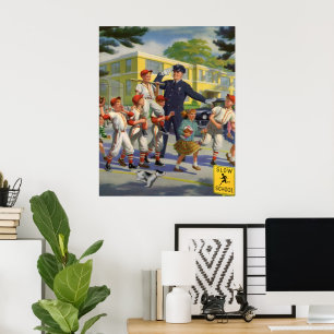 Póster Jogadores de basebol e Guarda policial atravessand
