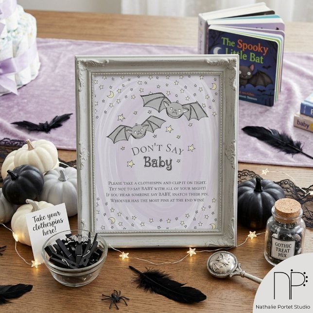 Poster Jogo Bebê Morcego Roxo Não Diga Bebê (This Baby Bat Don't Say Baby Game features hand-drawn art for a fun party activity)