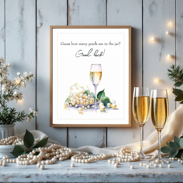 Poster Jogo de Adivinhação Chá de Noiva Pérolas & Prosecc (Pearls & Prosecco Guessing Game Bridal Shower Poster)
